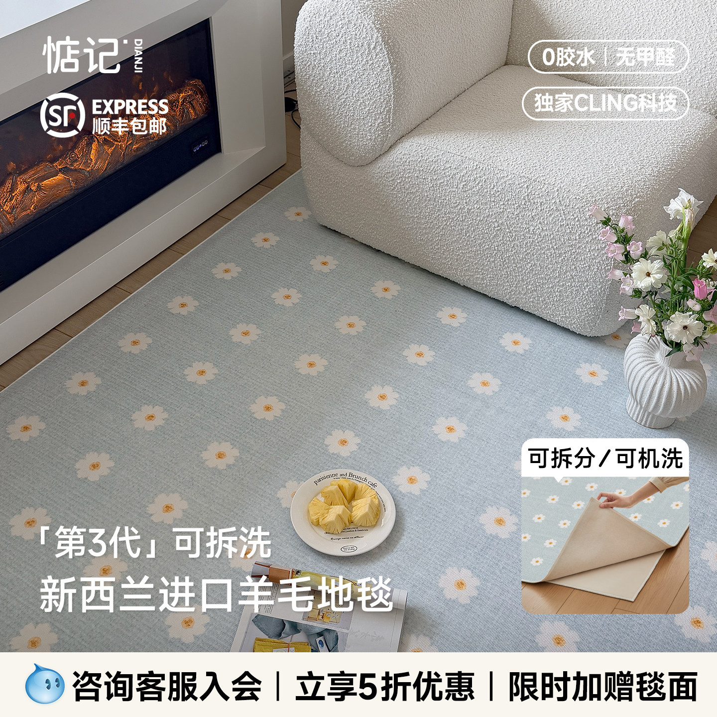 惦记可拆洗羊毛地毯客厅ins风小清新2026新款卧室可机洗地垫防水