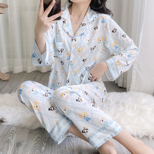 春秋女士长袖 开衫 新品 睡衣丝绸套装 韩版 家居服条纹冰丝外穿薄款