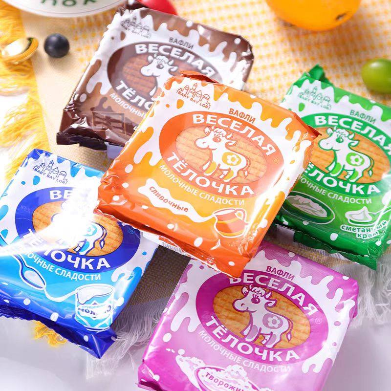 俄罗斯原装进口开心牛多种口味拉丝饼干150克休闲零食代餐