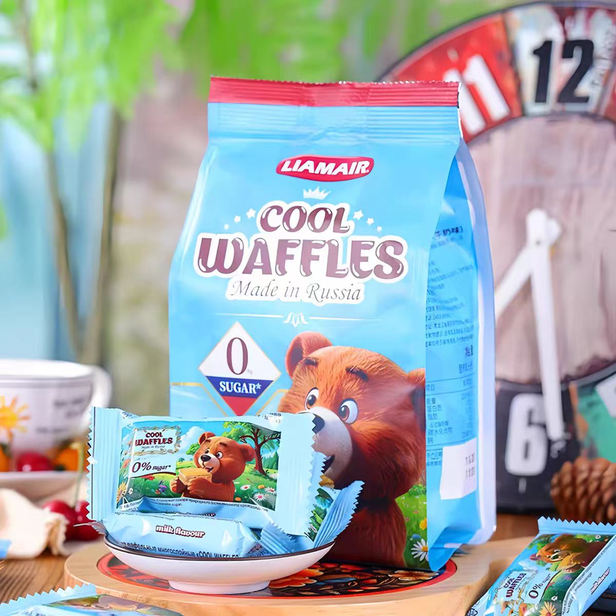 俄罗斯原装进口拉迈尔0蔗糖小熊牛奶味威化饼干200克独立包装