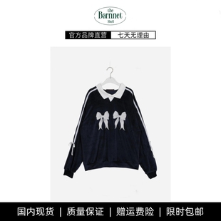 shell复古撞色翻领蝴蝶结刺绣丝带绑带卫衣 theBarnnet 现货