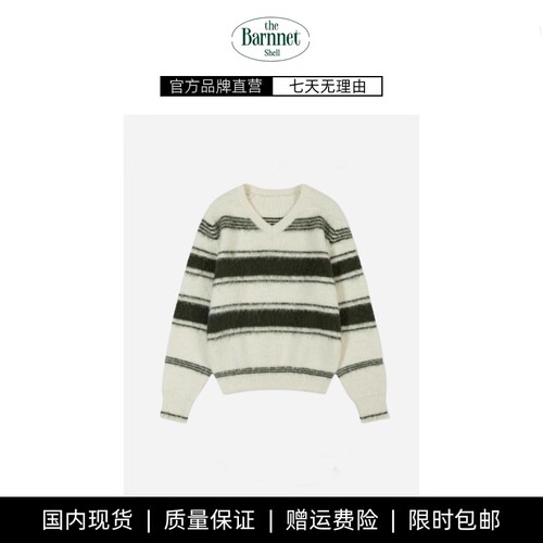【现货】theBarnnet shell韩国宽松撞色条纹v领套头毛绒针织毛衣
