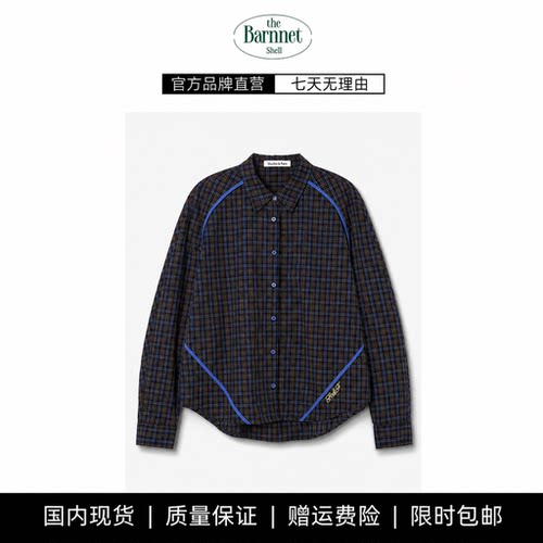 【现货】theBarnnet shell韩蓝色小格纹翻领长袖衬衫格子上衣外套