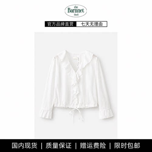 【现货】theBarnnet shell新款韩国设计师荷叶V领系带八分袖衬衫