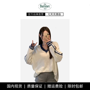 复古V领拼色宽松长袖 针织 韩国美式 shell新款 现货 theBarnnet