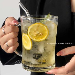 带把家用大容量加厚玻璃杯杯女夏天ins风水果茶果汁饮料喝水杯子