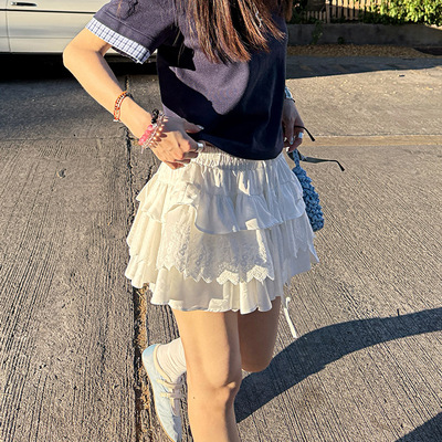 MMFISH时髦芭蕾风少女miu系蕾丝裙裤花边百褶多层半身裙25Q160