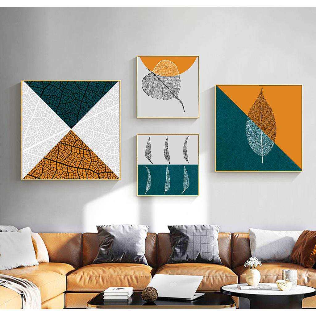 现代简约方形组合装饰画抽象几何客厅挂画餐厅橙色树叶床头画