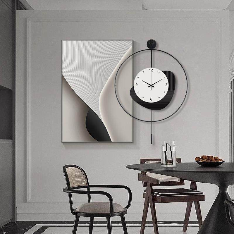 餐厅装饰画轻奢高级感挂画现代简约抽象黑白风静音钟表画饭厅壁画