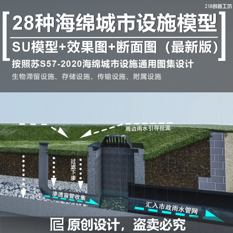 最新版28种海绵城市设施su模型剖面效果图断面图分析图