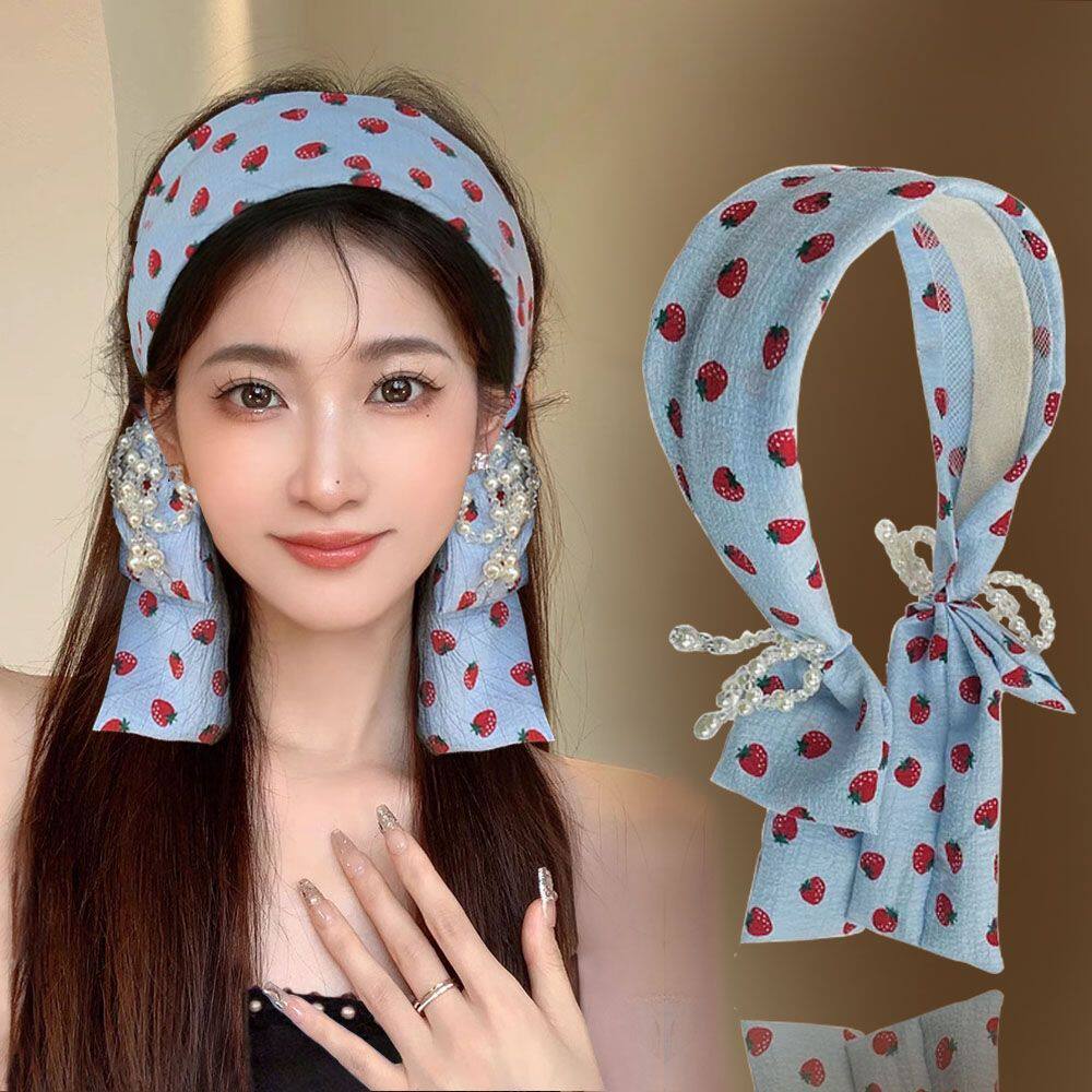 韩系清新蓝草莓双飘带发箍女新款公主风超仙百搭头箍精致发饰