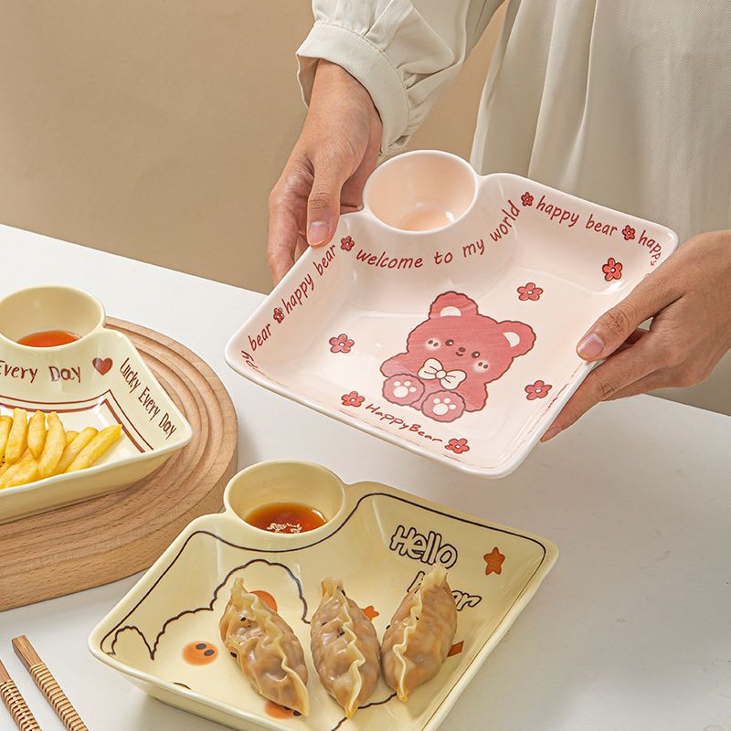 家用竖条蘸料醋碟分格陶瓷饺子盘可爱卡通减肥分餐早餐水饺专用盘