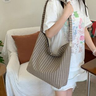 韩版小众设计复古格纹托特包女大容量上课通勤单肩包高颜值帆布包