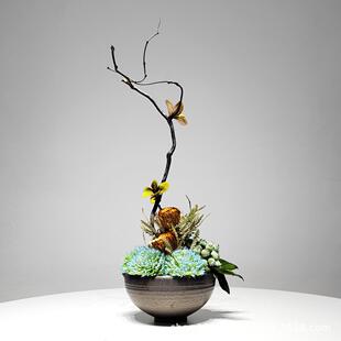 新中式样板房摆件前台售楼处仿真花艺现代陶瓷花器假花龙柳枝摆设