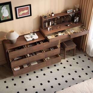 2026新款中古风实木梳妆台化妆桌卧室床尾斗柜妆台一体收纳储物架