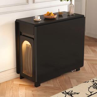 全实木折叠餐桌家用黑色复古折叠桌小户型现代简约可伸缩移动