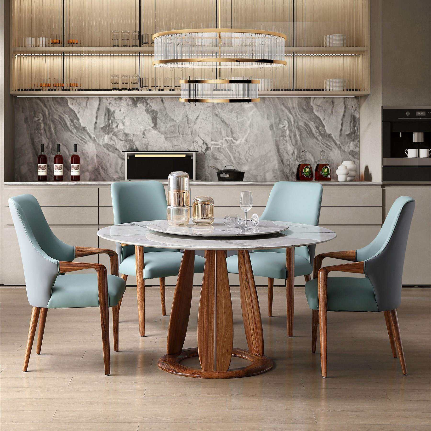 轻奢白蜡餐桌套装大理石岩板饭厅圆形6-8人饭桌餐厅乌金木圆桌椅