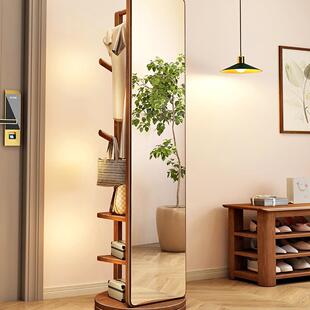 实木全身镜落地家用穿衣镜卧室可旋转移动试衣镜带挂衣架一体镜子