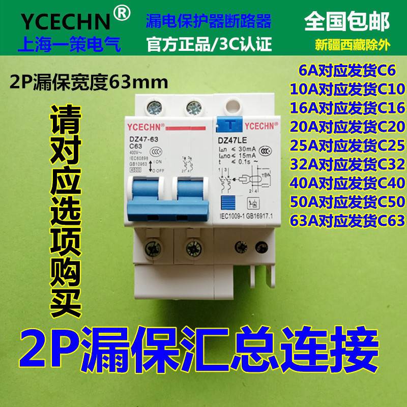 家用2P 63A漏电保护器 双线双极C63空开断路器带漏保电闸保护开关