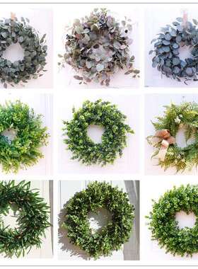 森系花环门饰灰色绿色尤加利花圈波斯草橄榄枝叶美式田园墙壁草环