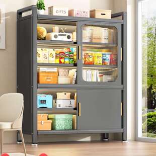 家用钢制阳台储物柜一体靠墙落地柜推拉门收纳柜多功能杂物置物架
