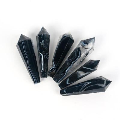 天然水晶黑玛瑙菱形柱子水晶单尖柱子摆件能量原石六角柱工厂