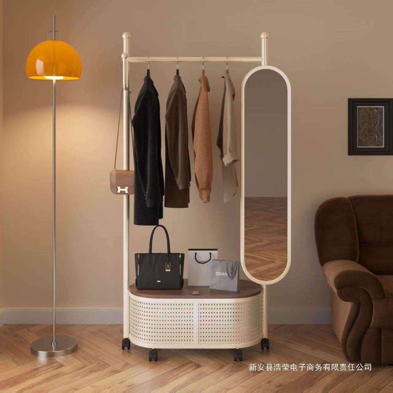 衣帽架镜子一体卧室落地式滚轮全身移动落地挂衣架试衣置物架收纳