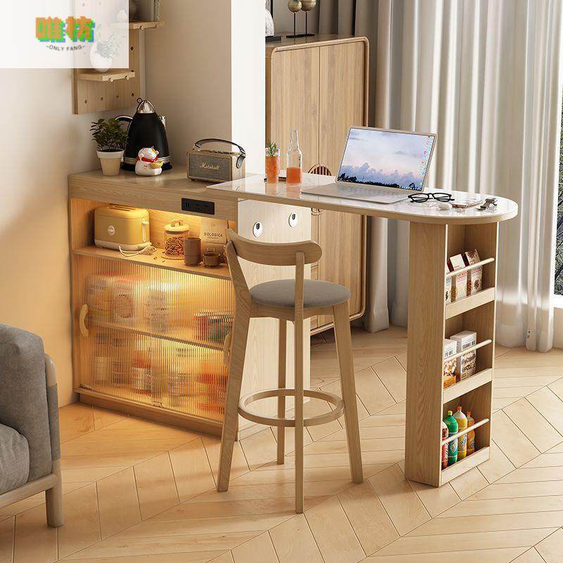 小户型可伸缩隔断储物休闲岩板吧台桌一体家用餐边柜客厅岛台餐桌