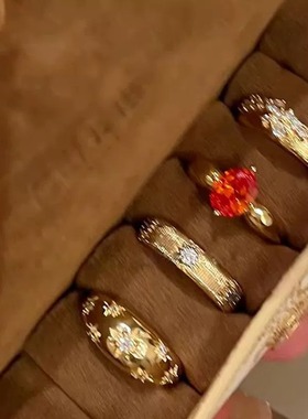 意大利织纹雕金工艺手工拉丝宫廷风双色金小中古微镶满钻戒指女