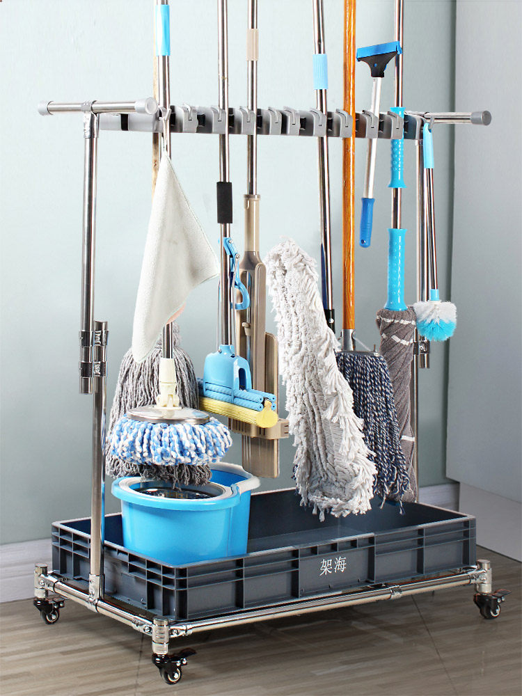架海304不锈钢拖把架可移动清洁工具架落地式拖把挂钩阳台多功能
