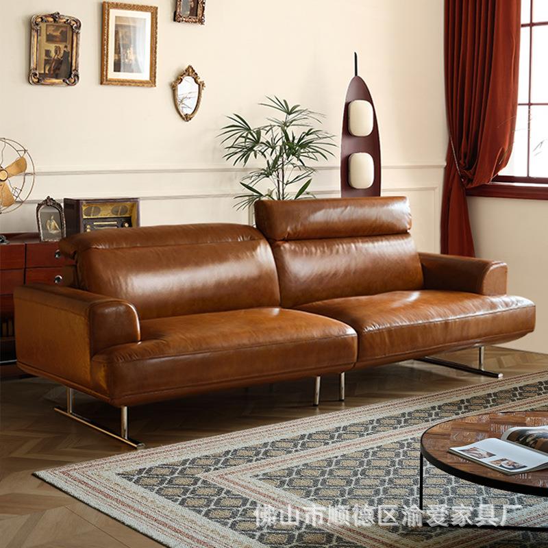 复古风真皮沙发客厅直排可调节靠背焦糖棕色头层油蜡皮中古风沙发
