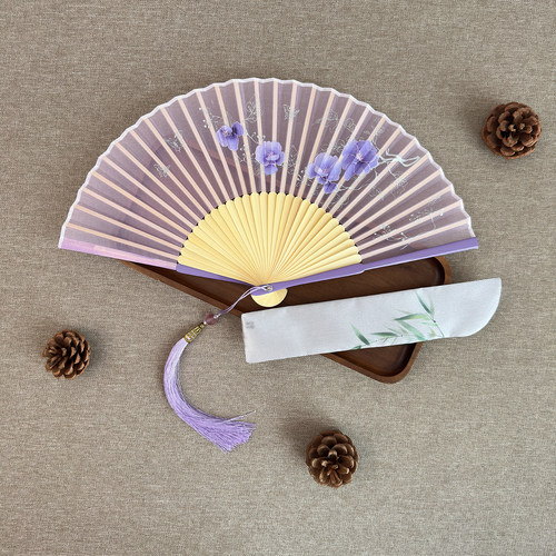 古风纱面烤漆边薄扇仿真丝折扇夏
