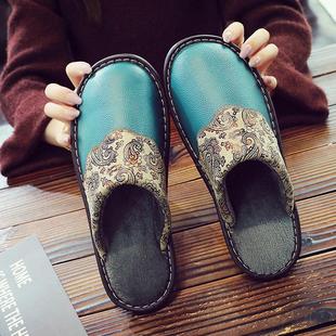 防滑防臭牛筋底牛皮防水保暖棉拖鞋 男女居家冬季 复古真皮拖鞋 欧式