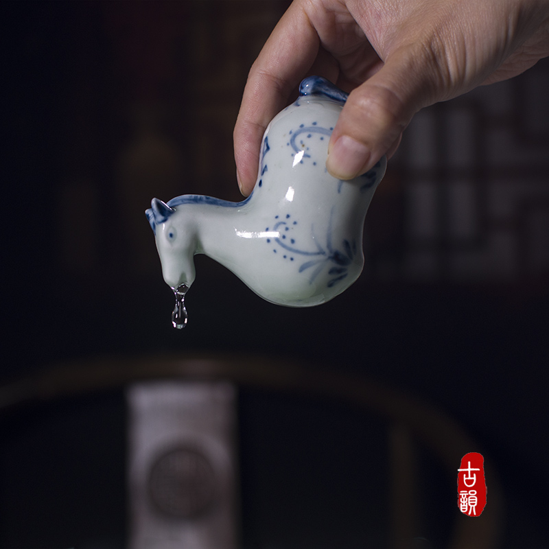 仿古文房砚滴水滴壶陶瓷创意手绘青花笔搁墨滴砚台W加水磨墨水盂