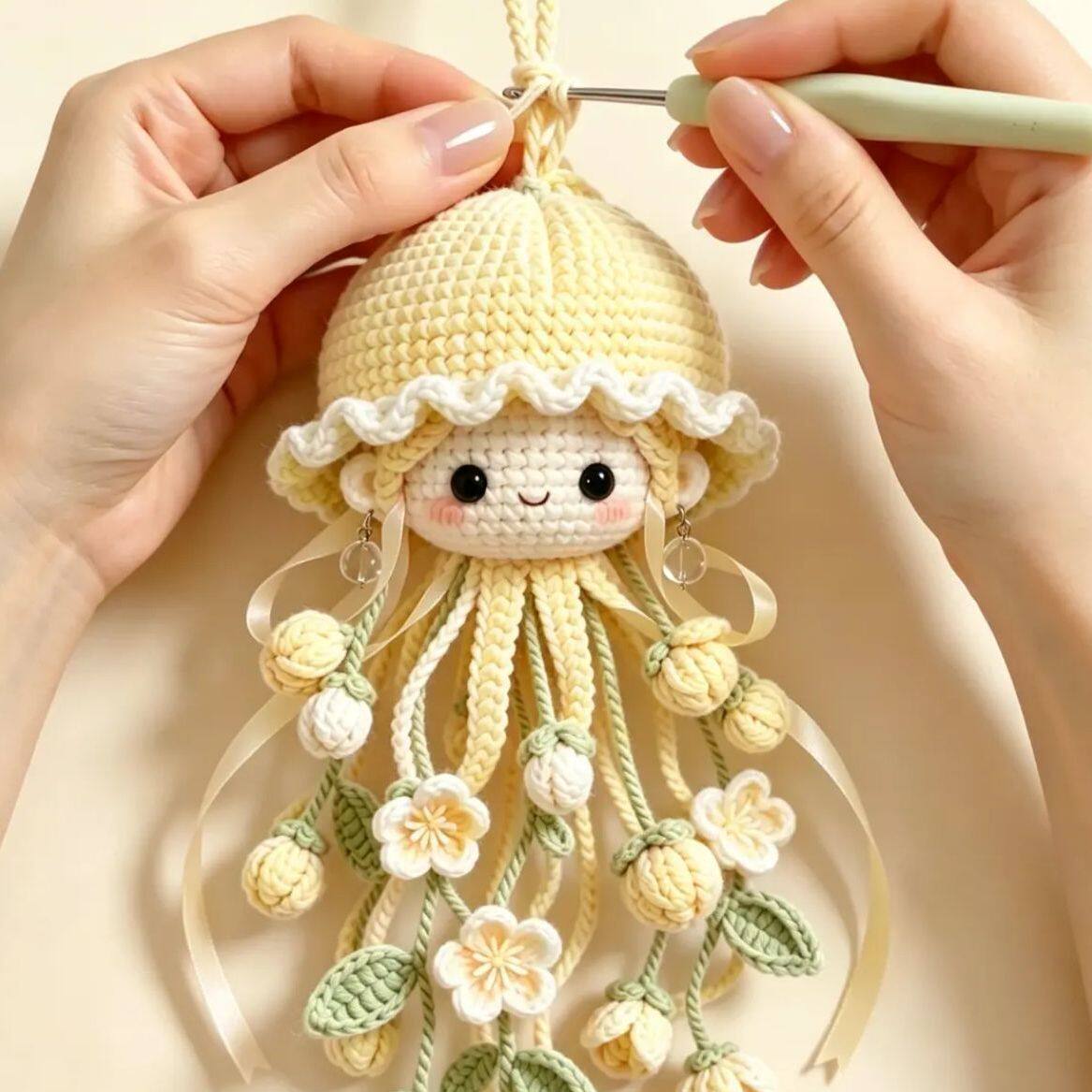 槐海精灵 DIY 钩织毛线材料包多色水母娃娃挂件新手带视频教程