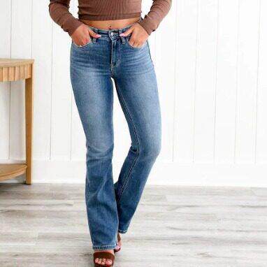 Mid Rise Medium Wash Tummy Control Slim Bootcut Jeans