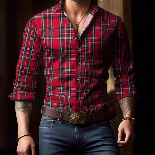 �Men's Street Style Plaid Blouse, Fitted Long Sleeve Button