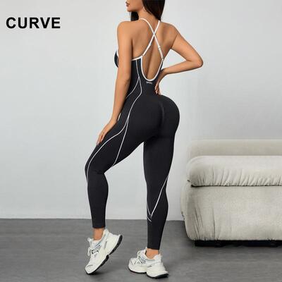 Women Colorblock U Neck Adjustable Strap Elastic Jumpsuit