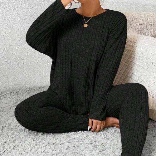 Women Knit Pinstripe Sleepwear Set Casual Sleeve Pants