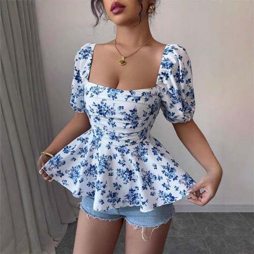 Women French Ditsy Floral Bubble Sleeve Blouse Square Neck