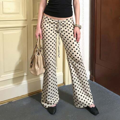 Women Waist Drawstring Polka Dot Flare Pants Slim Fitting