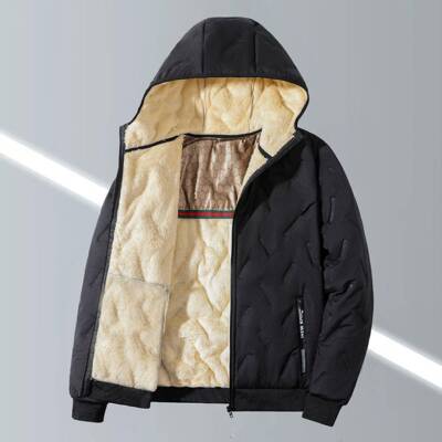 Men casual thickened fleece lined hooded jacket warm