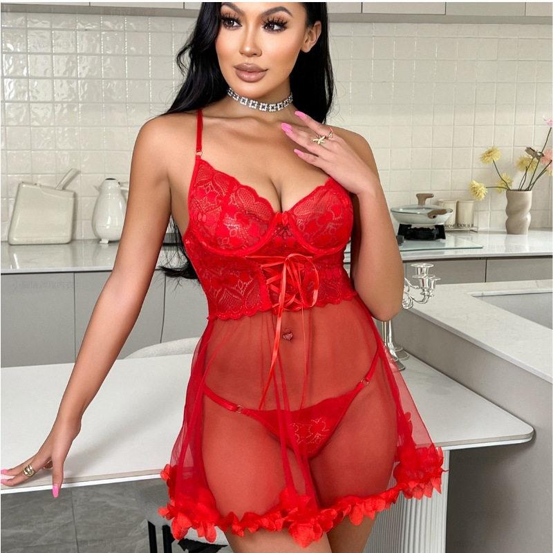 Women Lace Mesh Sexy Babydoll Dress Thongs Set Underwire See