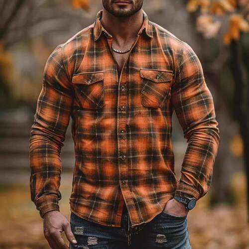 �Men's Retro Plaid Blouse, Casual Long Sleeve Button Front