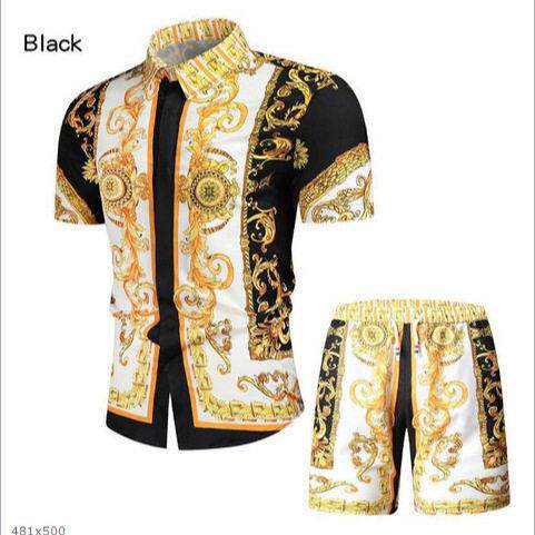 Men Tropical Palm Print Sleeve Shirt Drawstring Waist Shorts