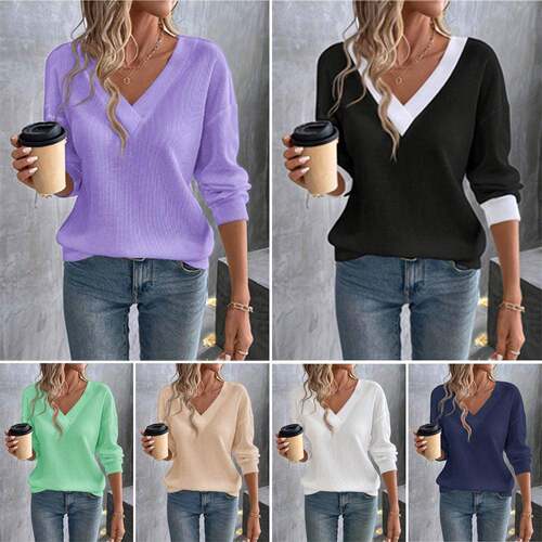 Women Casual Sleeve V Neck Shirt Fall Winter Knitwear Waffle