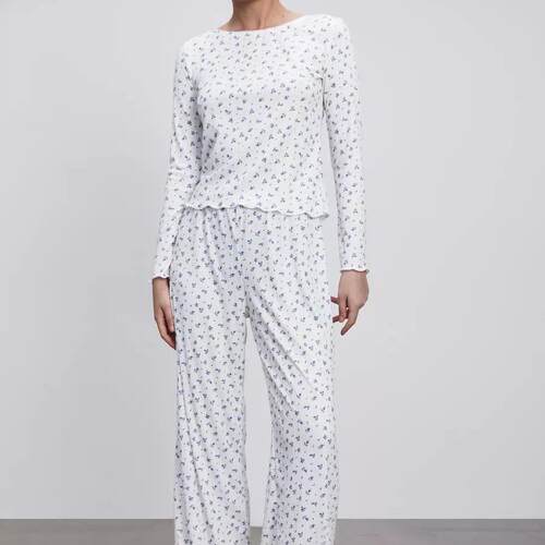 Two Set Women Ditsy Floral Print Pants Pyjama Casual Comfy