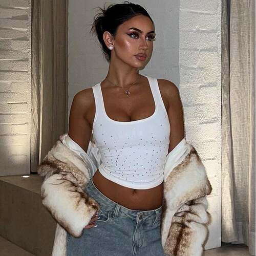 Women Rhinestone Tank Summer Ladies Clothes Daily Wear