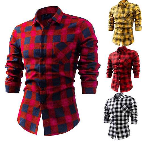 �Men's Blue Plaid Long Sleeve Blouse, Casual Fitted Top