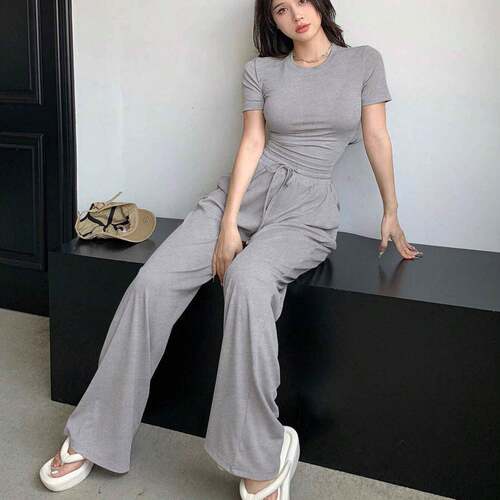 Spring Summer Women Color Pajama Set Stretchy Breathable